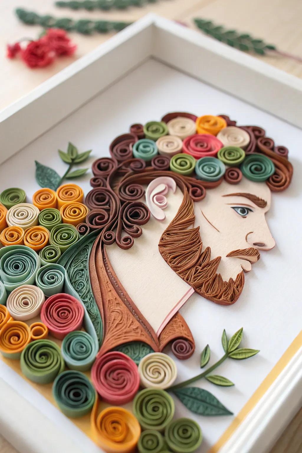 Discover the charm of quilling with this whimsical 3D self-portrait, where paper art meets minimalist elegance.
