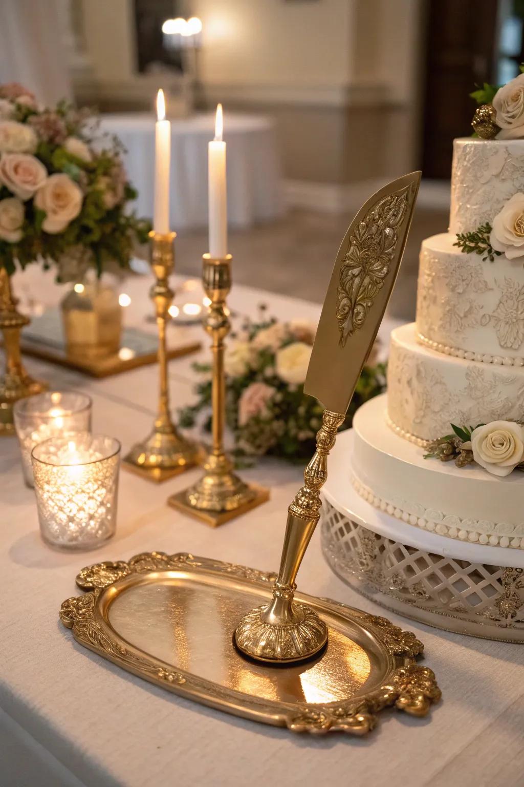 A golden cake server set adds elegance to the cake-cutting ceremony.