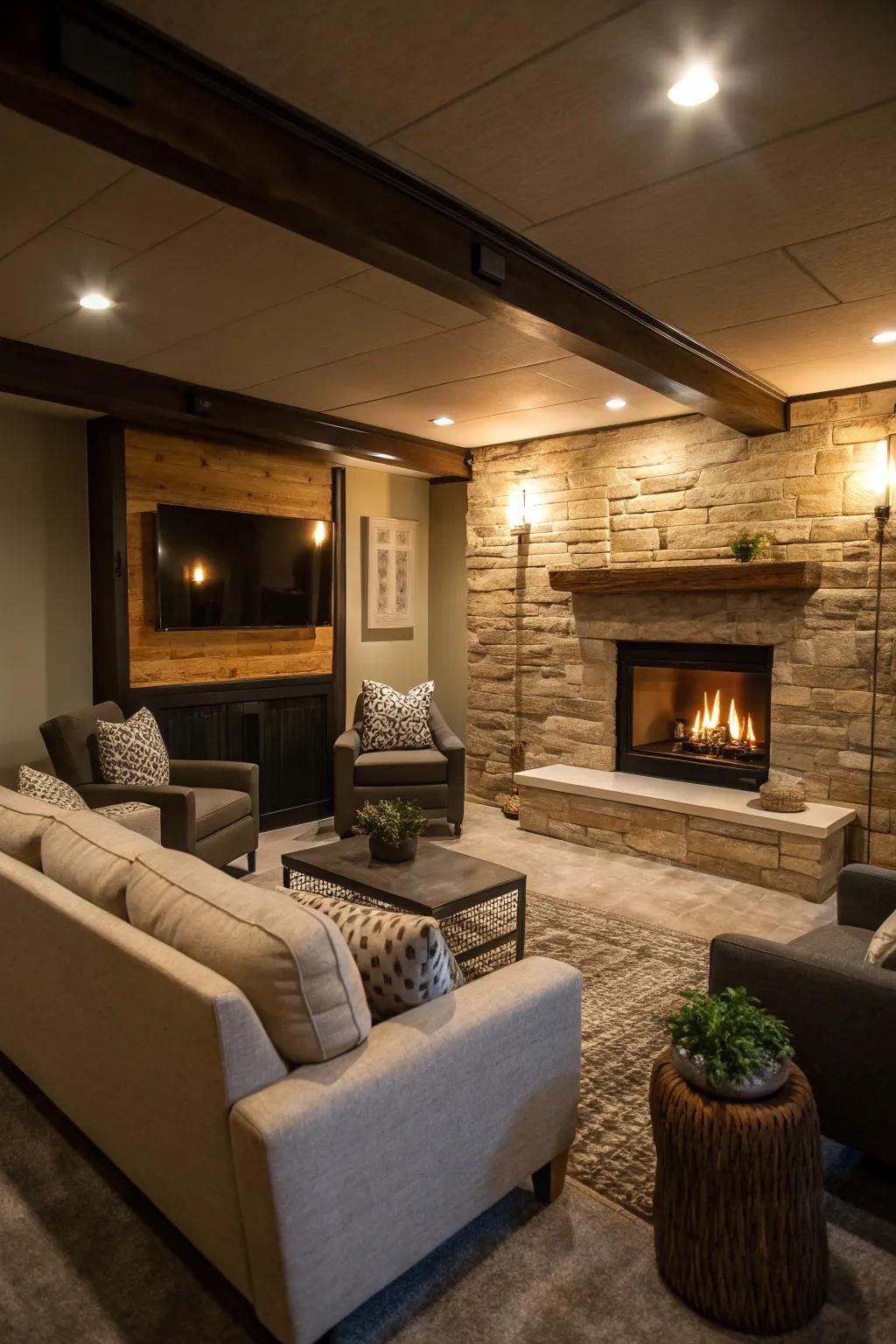 A fireplace adds warmth and coziness to the basement.