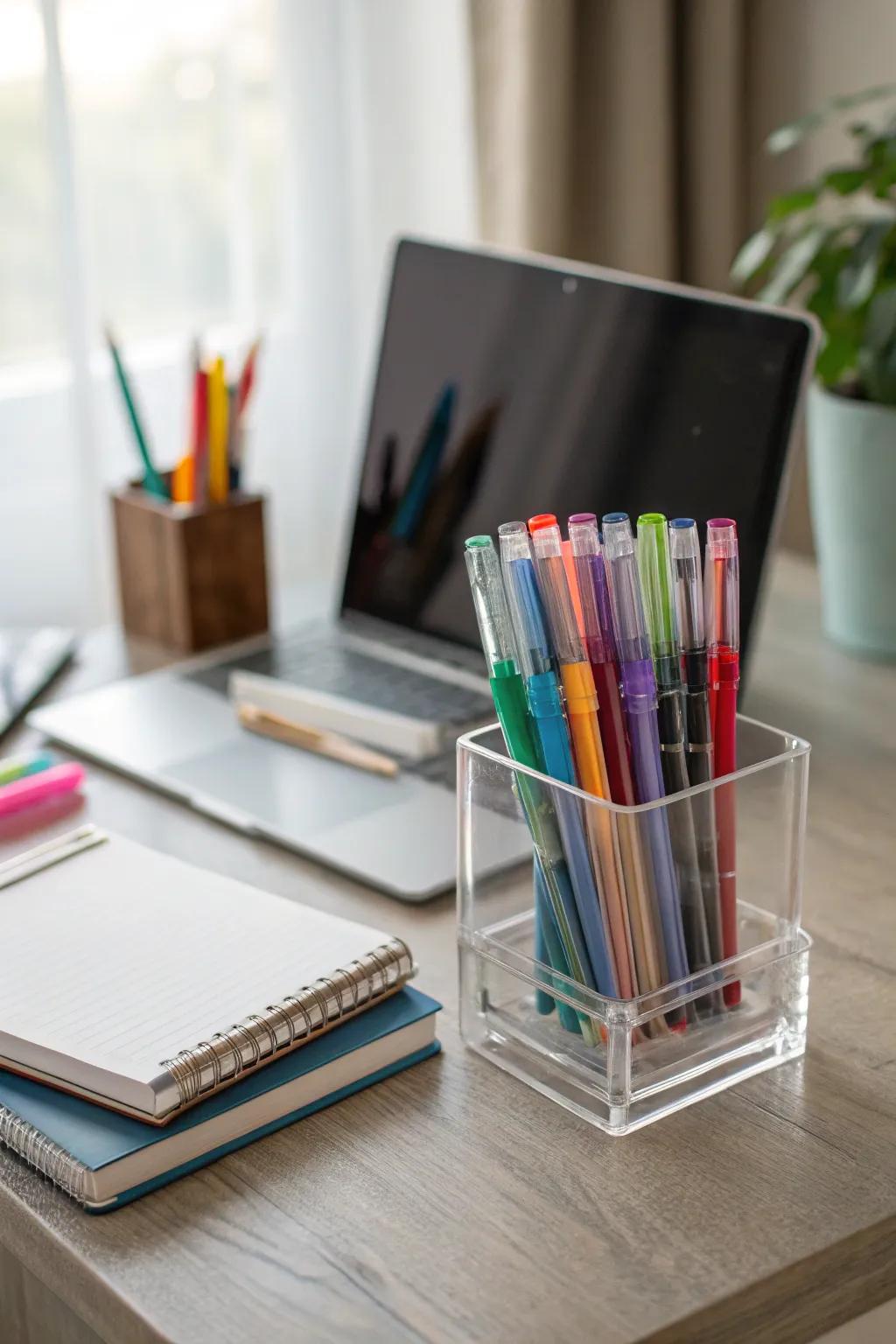 Acrylic pen holders combine organization with style.