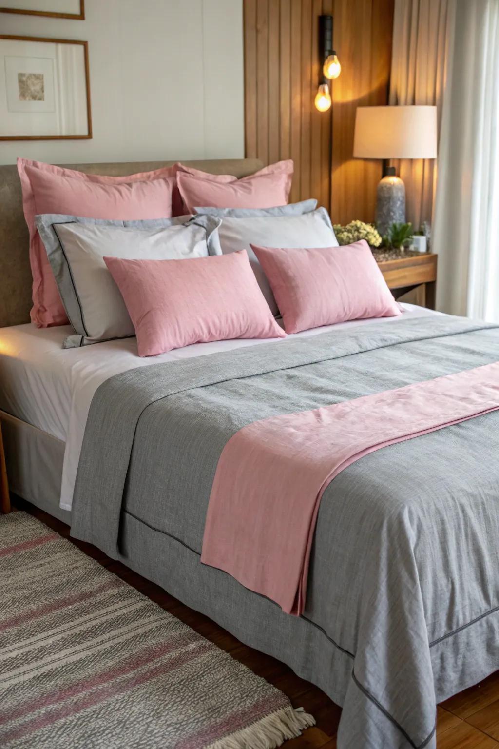 Grey and pink bedding combinations offer a dynamic and inviting appeal.