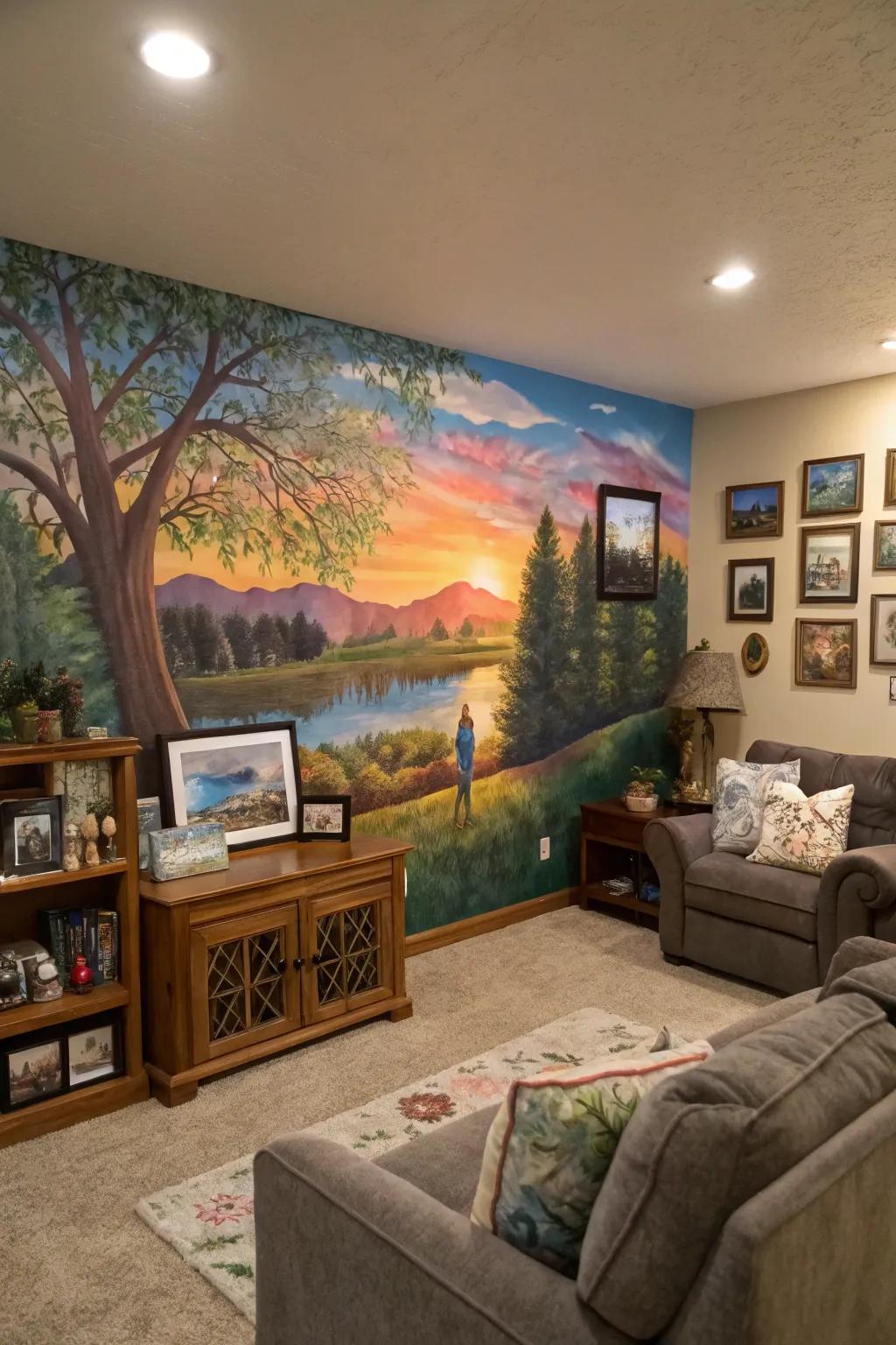 A living room with a customized mural reflecting personal style.