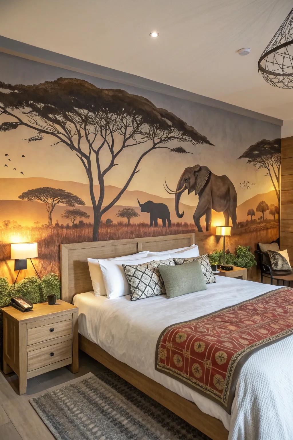 An African-inspired wall mural making a bold statement in a bedroom.