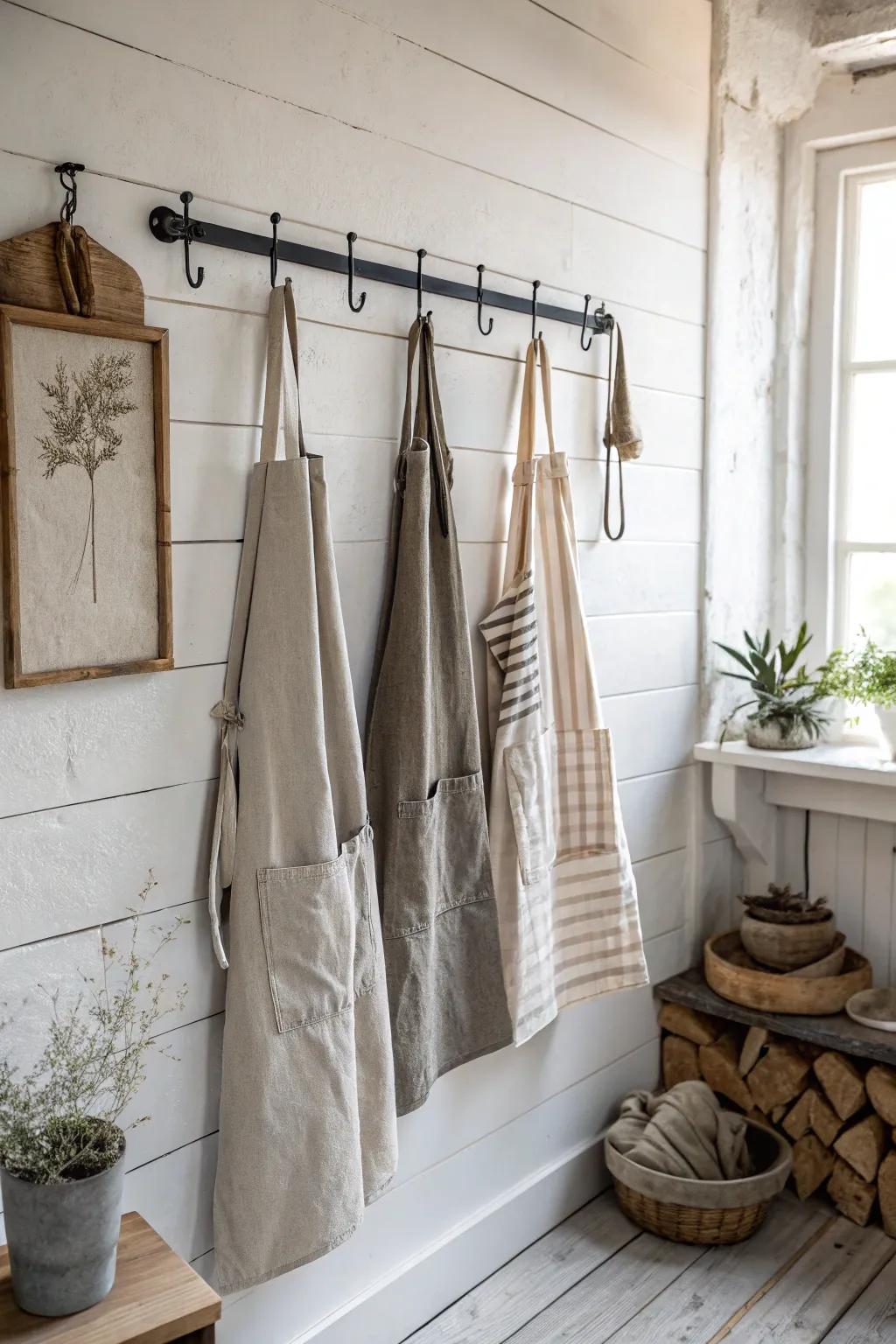 Transform your kitchen with a minimalist touch: repurpose a towel bar for a chic apron display.