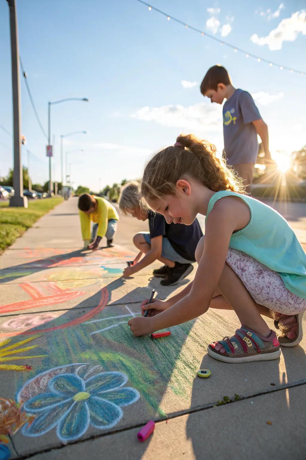 Kids expressing themselves through vibrant chalk art, turning the sidewalk into a canvas.