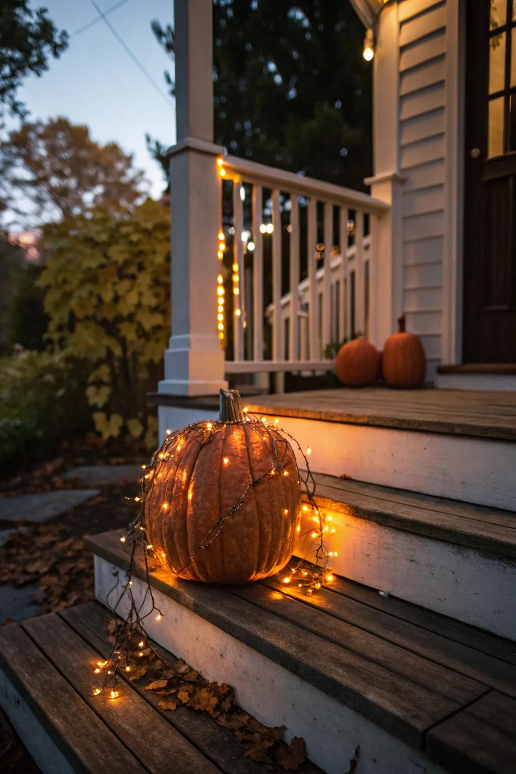 A fairy light-wrapped pumpkin creating a magical and inviting glow.