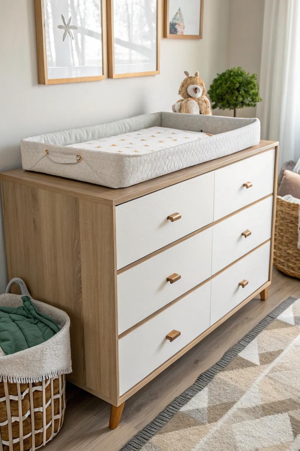 Combining a dresser and changing table maximizes space in a small nursery.