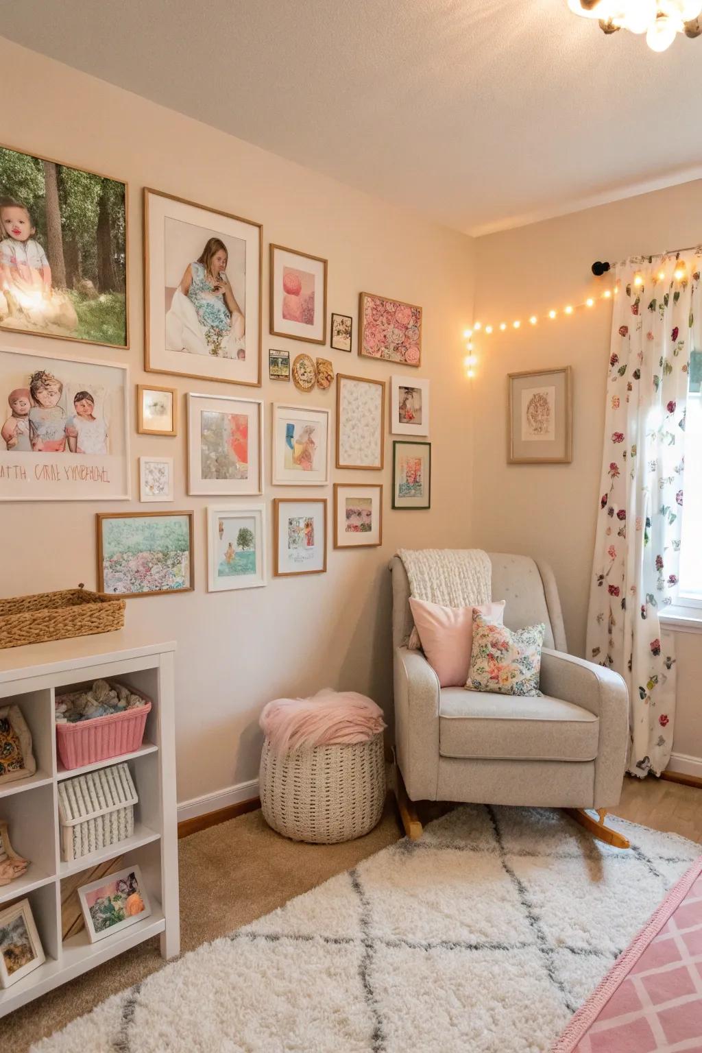 A gallery wall adds character and personalizes a nursery.