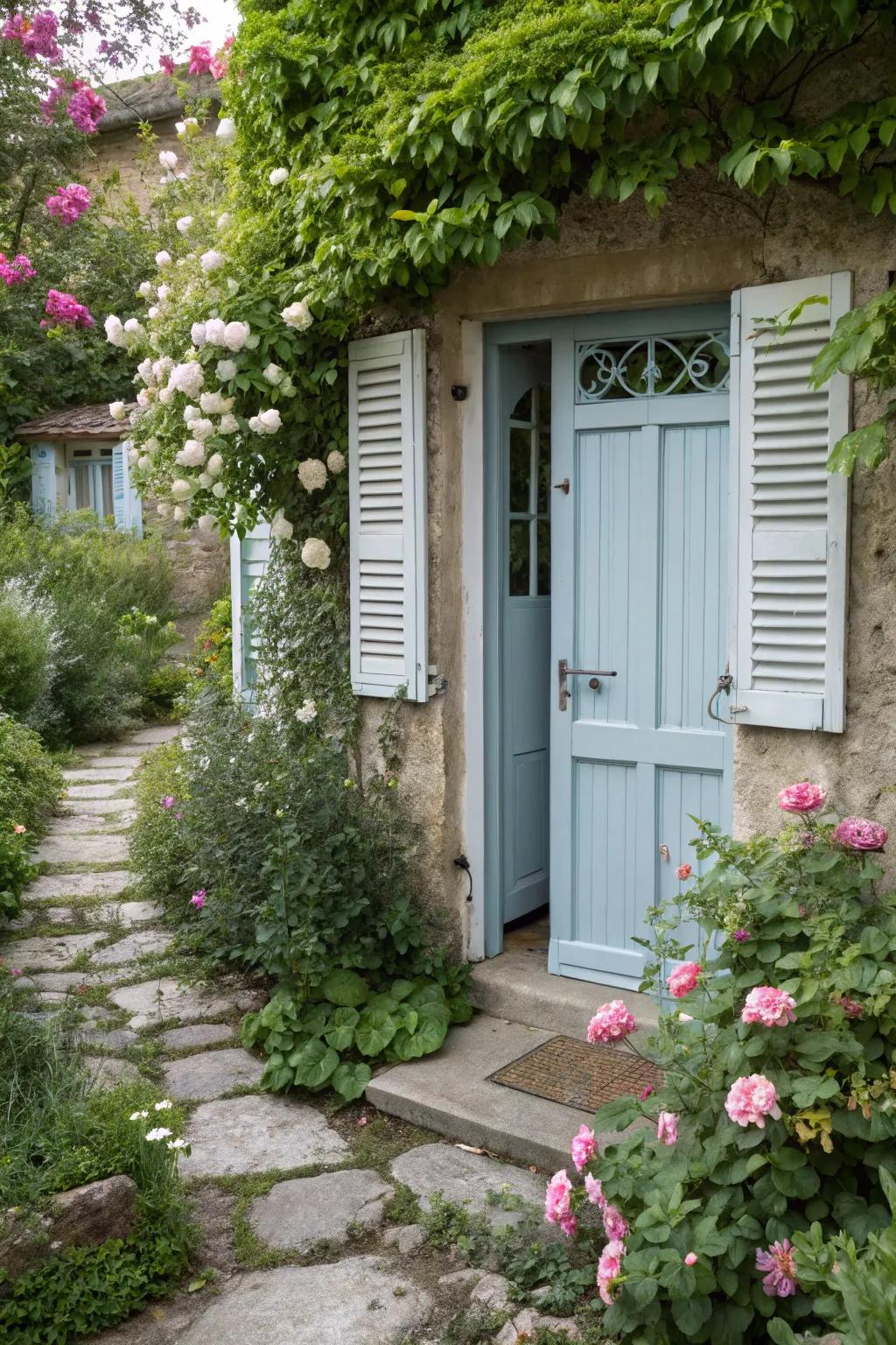 Shutters add a charming, cottage-style touch to back doors.