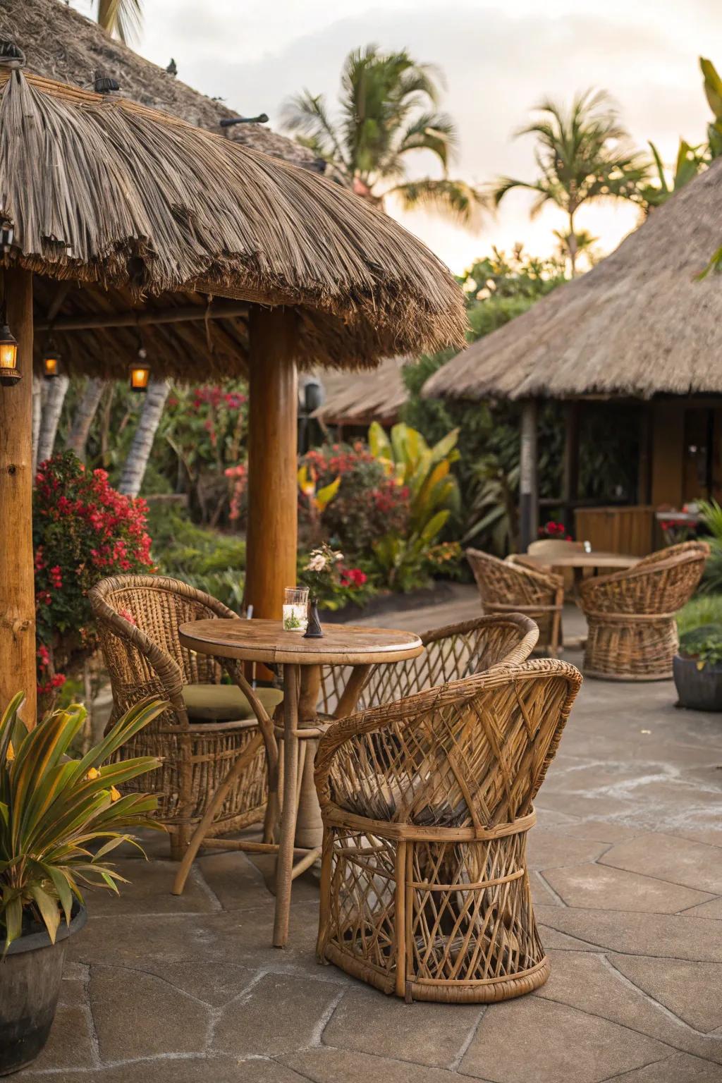 Rattan furniture adds natural charm to your tiki hut.