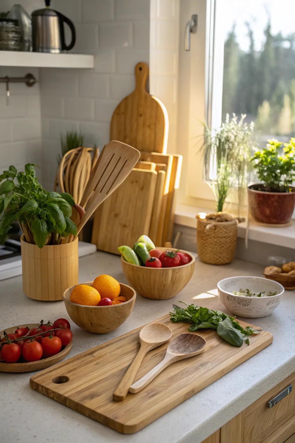 Bamboo kitchen utensils combine sustainability with practicality.