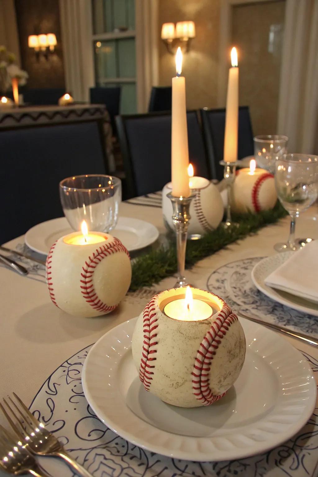 Unique baseball candle holders add warmth and charm to your table setting.