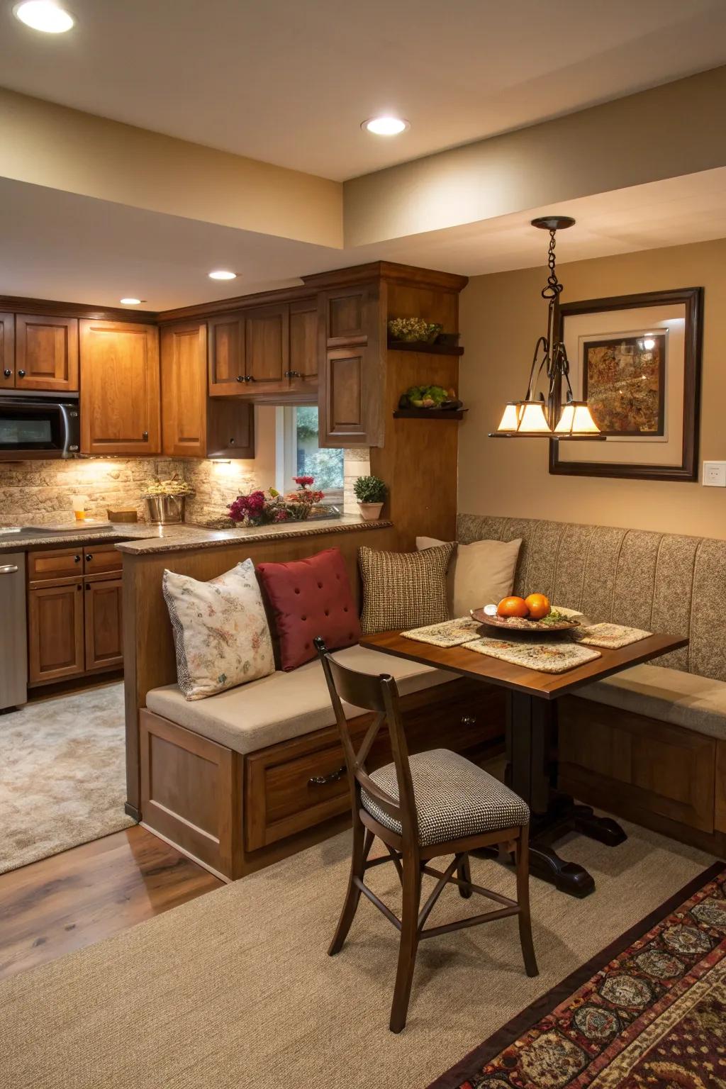 A breakfast nook adds charm and functionality to a basement kitchen.