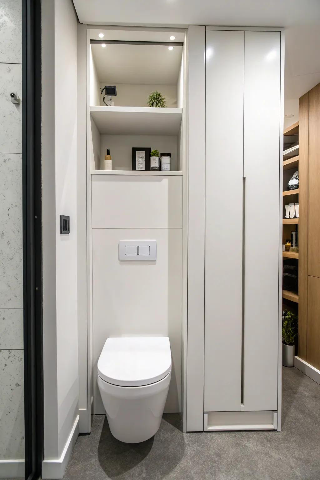 A minimalist toilet alcove maximizes space with a clean and efficient design.