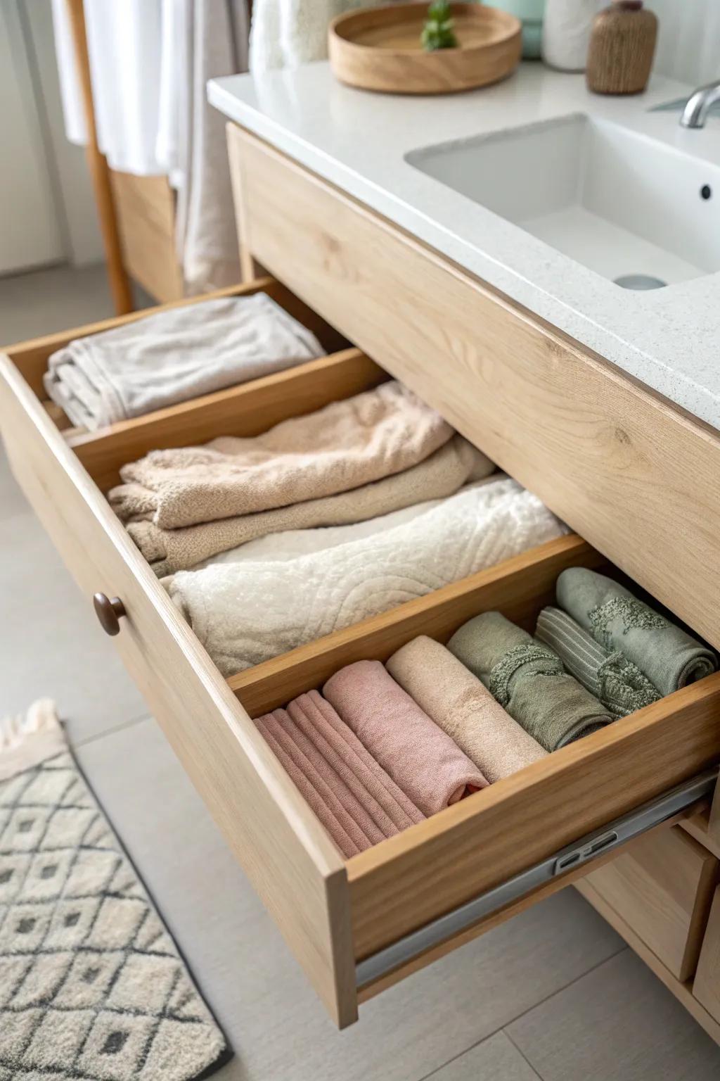 Add a boho-chic touch to your bathroom with dyed muslin cloth drawer liners. 🌿 #BathroomInspo #BohoMinimalism
