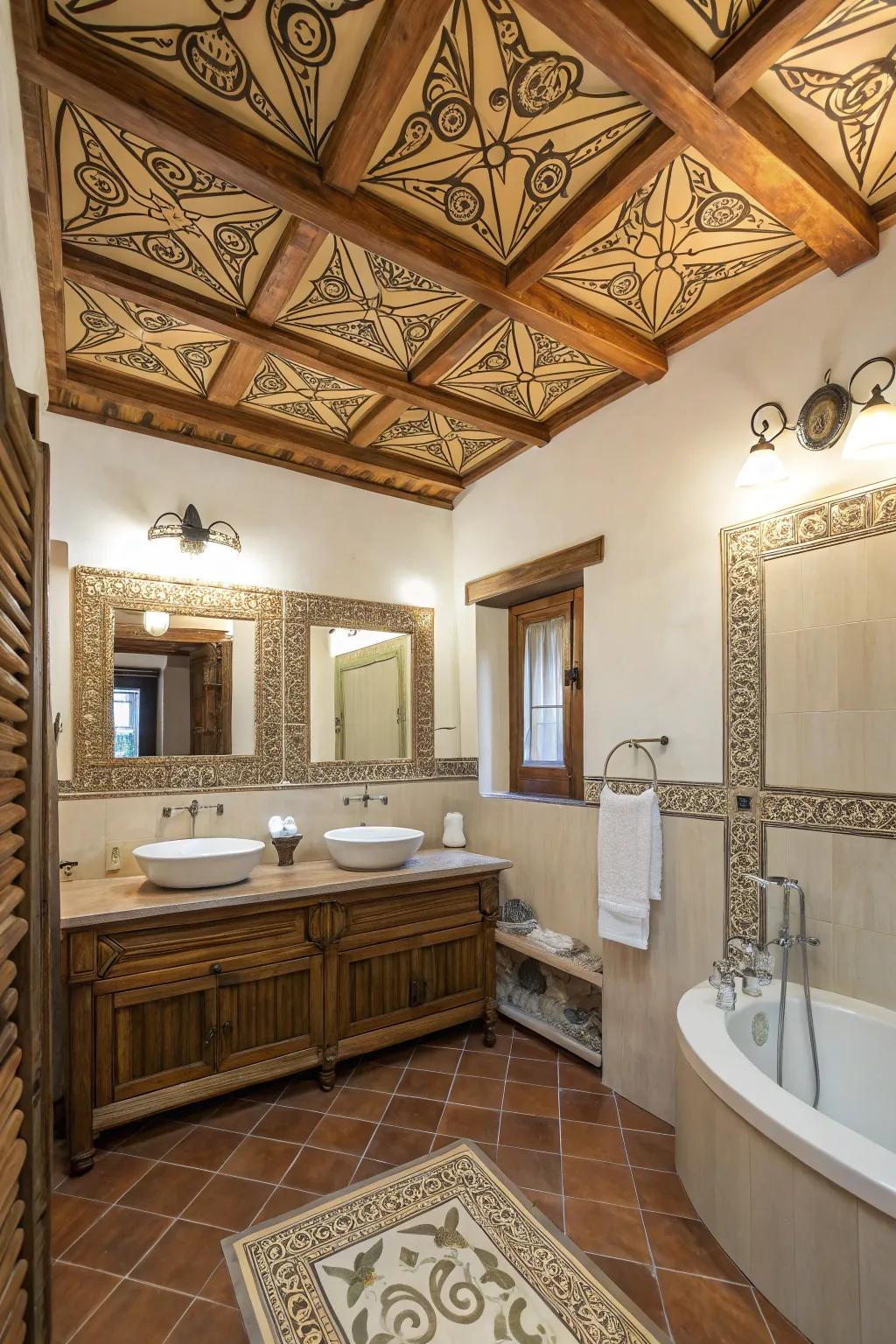 A bathroom with a decorative ceiling that adds style and interest.