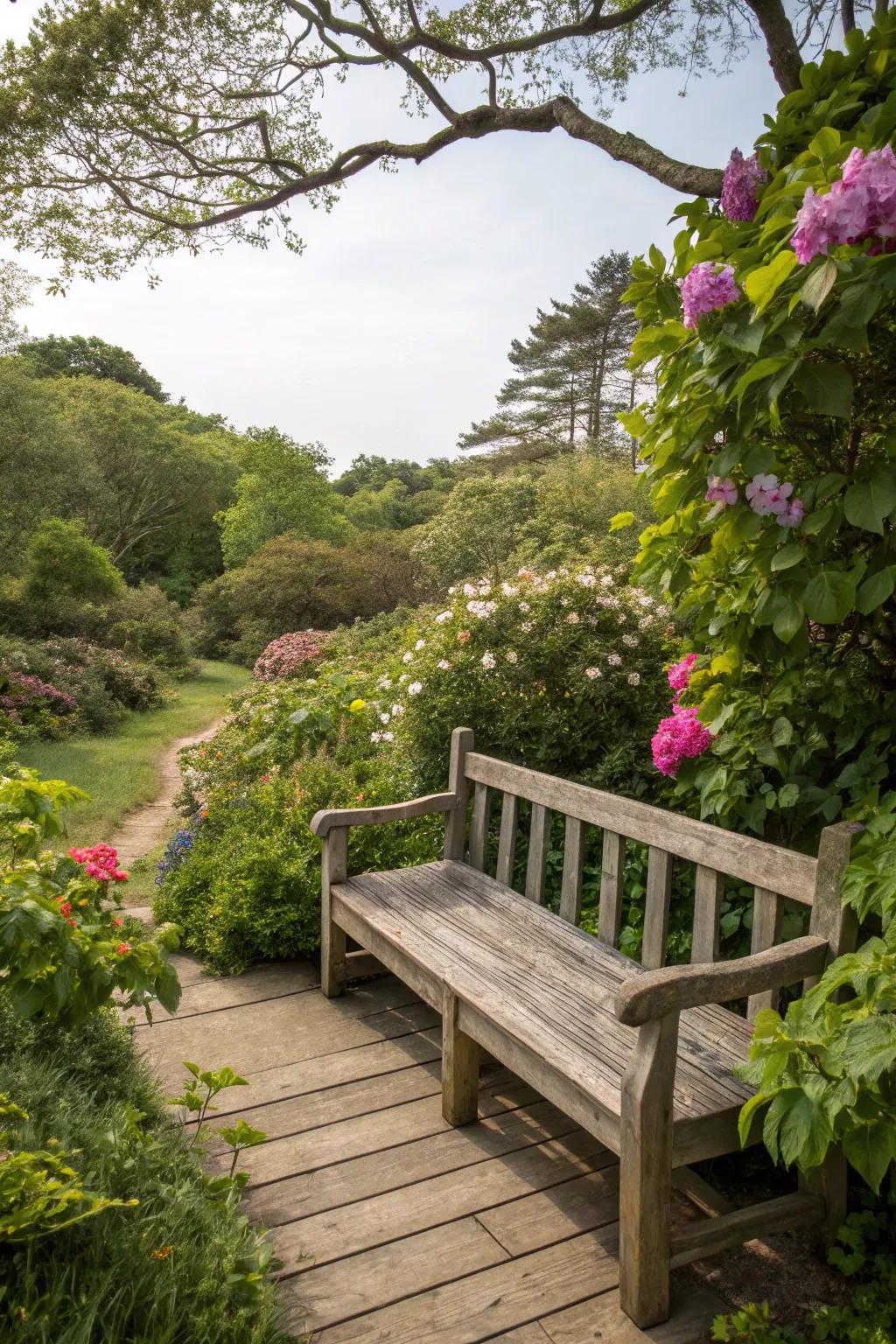 Natural wood benches add rustic charm to your beach-inspired space.