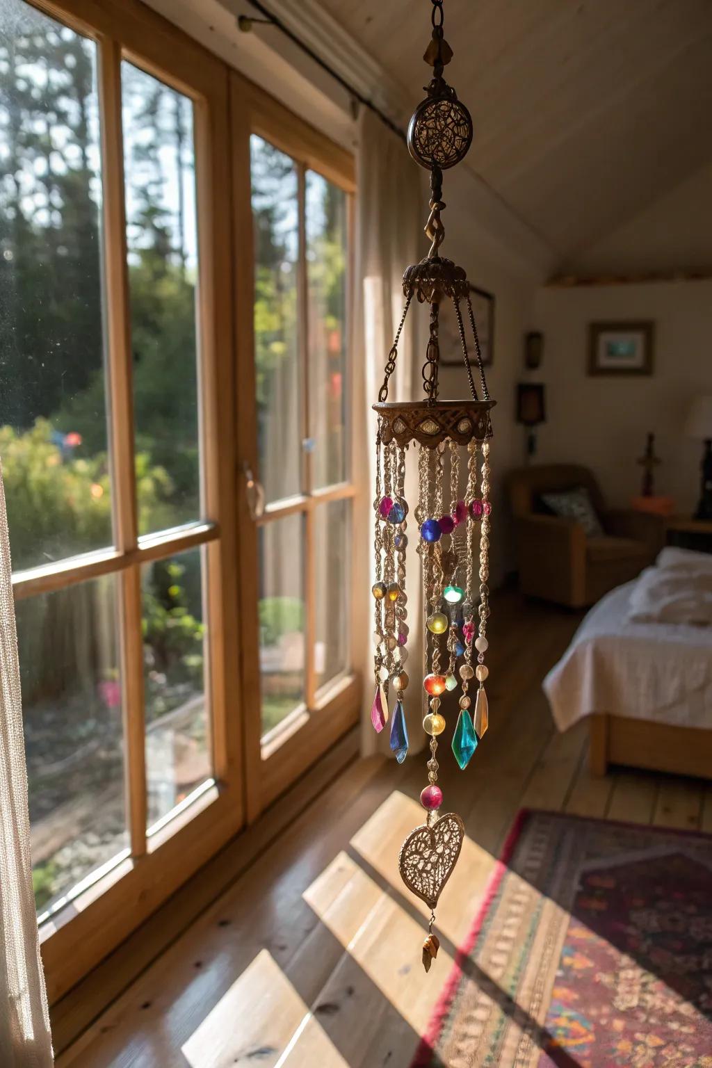 A beaded light catcher creating colorful reflections in the room.