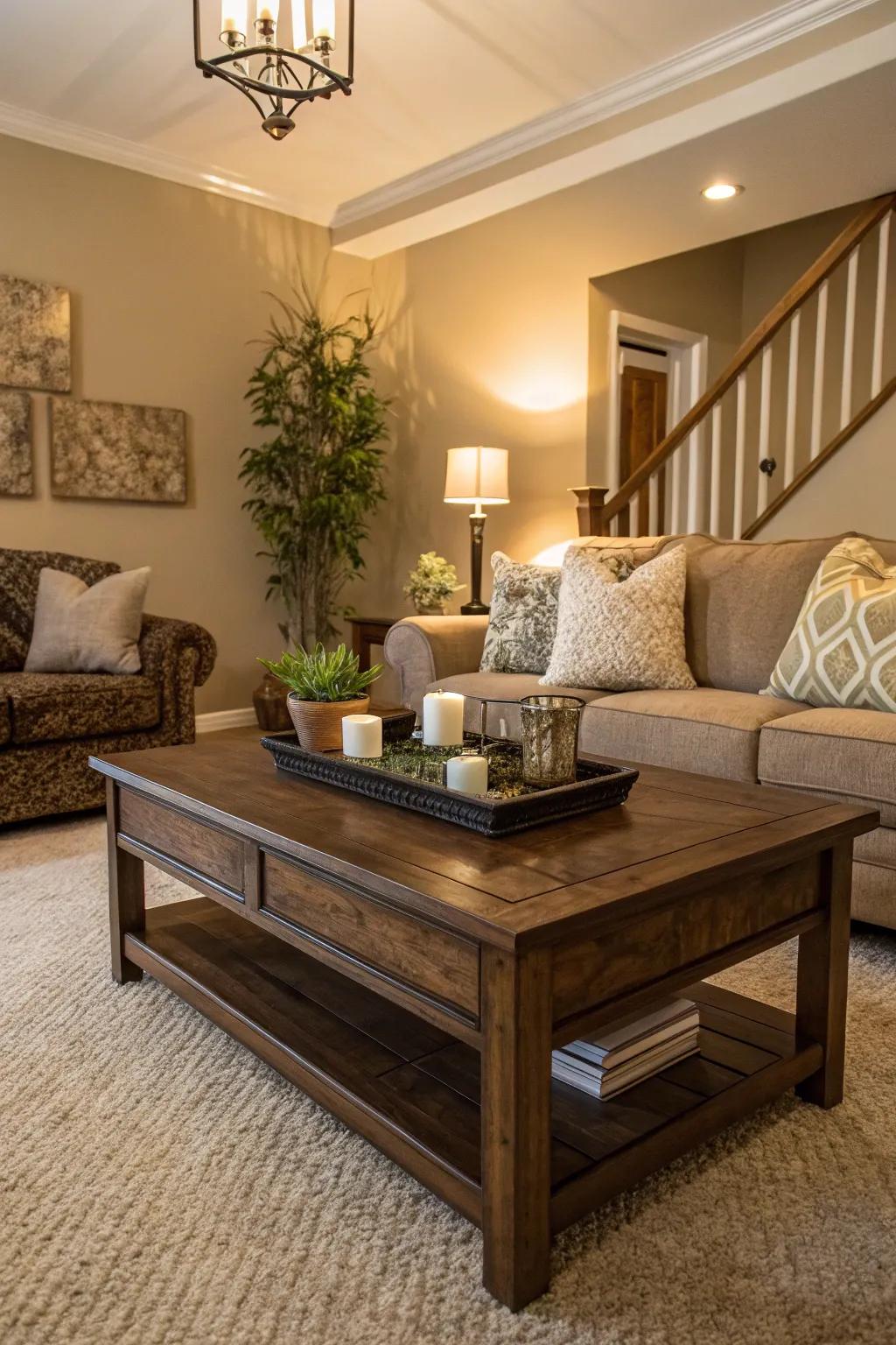 A central coffee table serves as the heart of this living room.