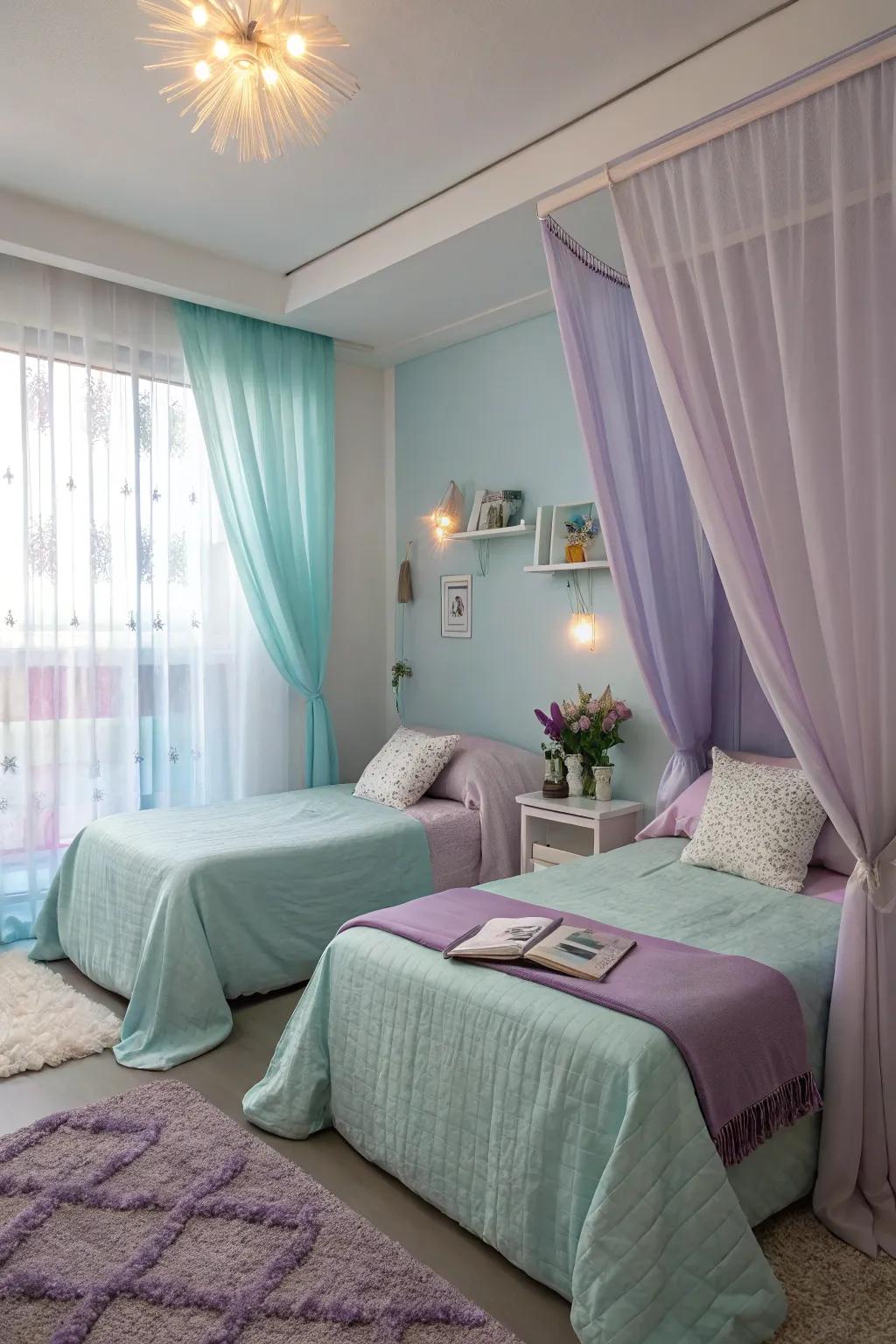 A tranquil bedroom with a soft pastel backdrop.