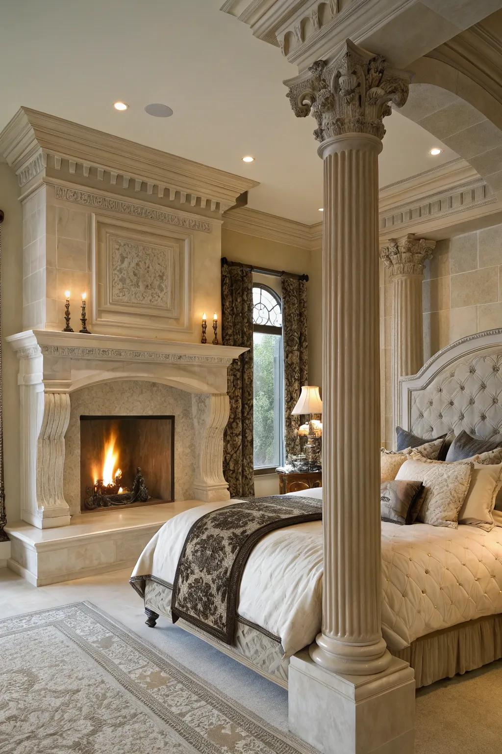 Add architectural interest with columned fireplace design.