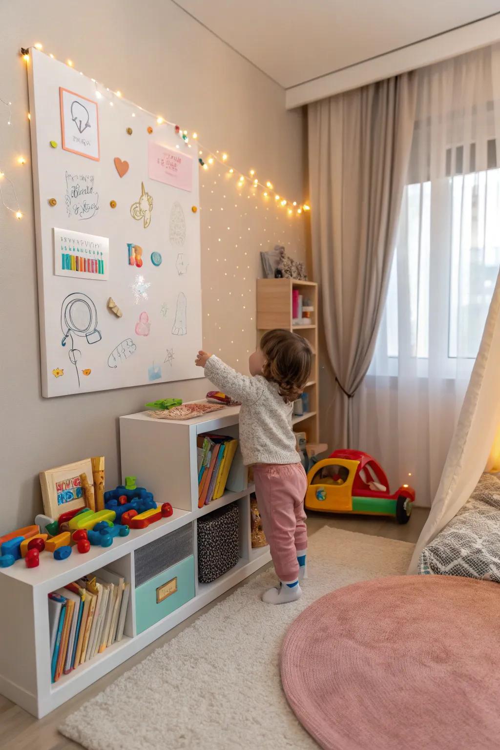 A magnetic board in a toddler's bedroom, offering interactive and educational play.