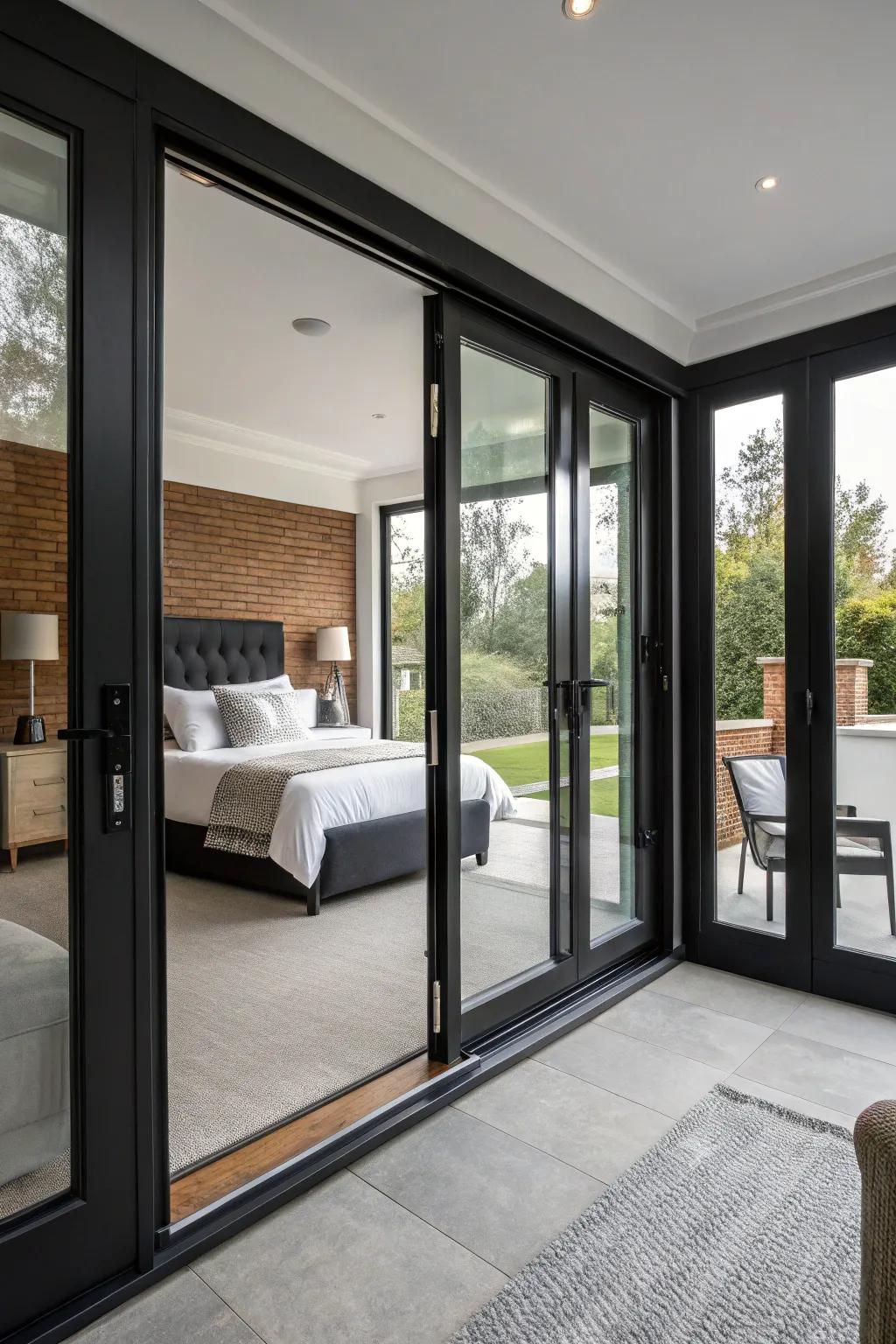 Black frame patio doors offer a striking contrast, adding depth and sophistication to your bedroom.