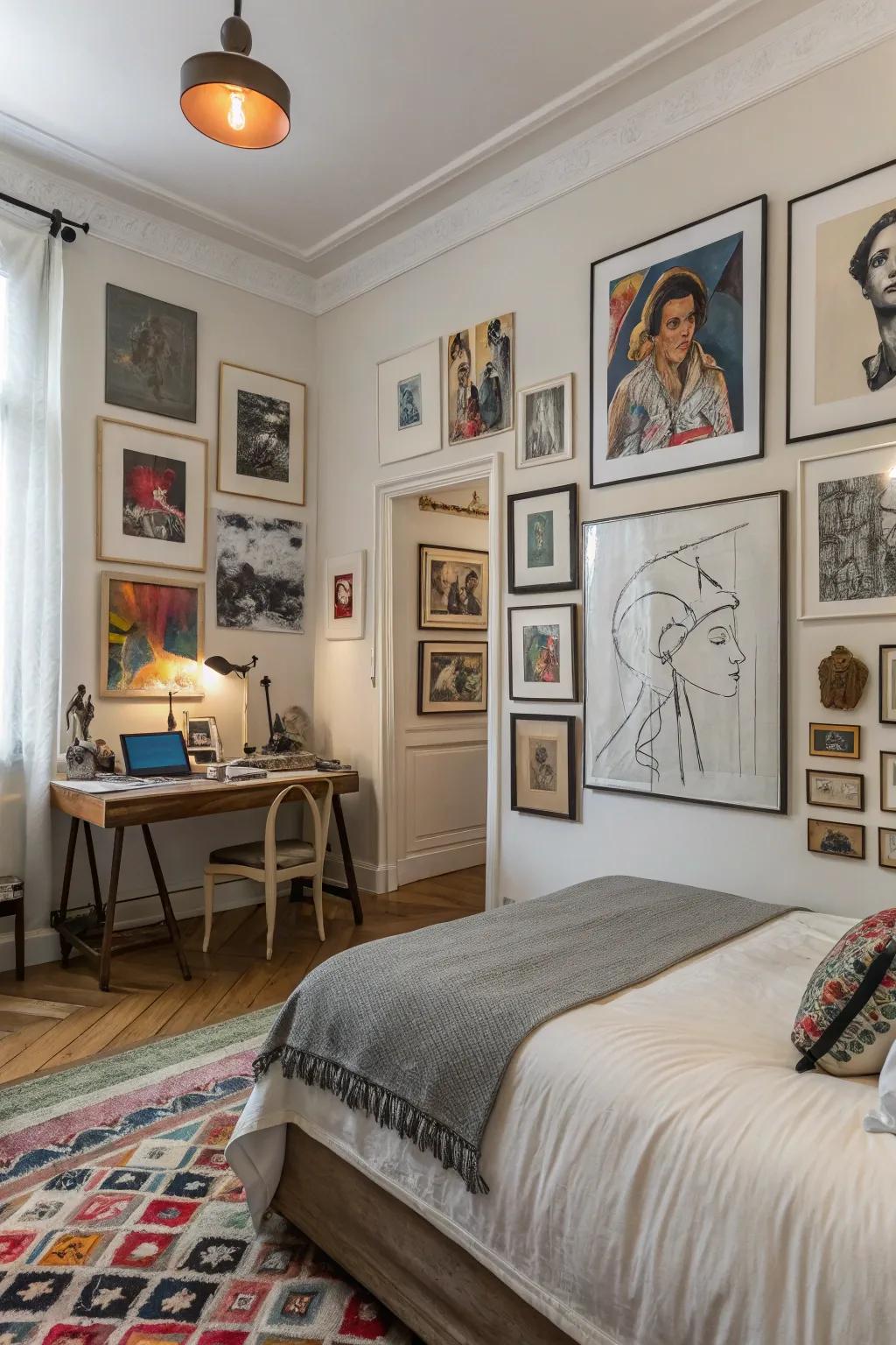 Mix and match art styles for an eclectic and personalized bedroom.