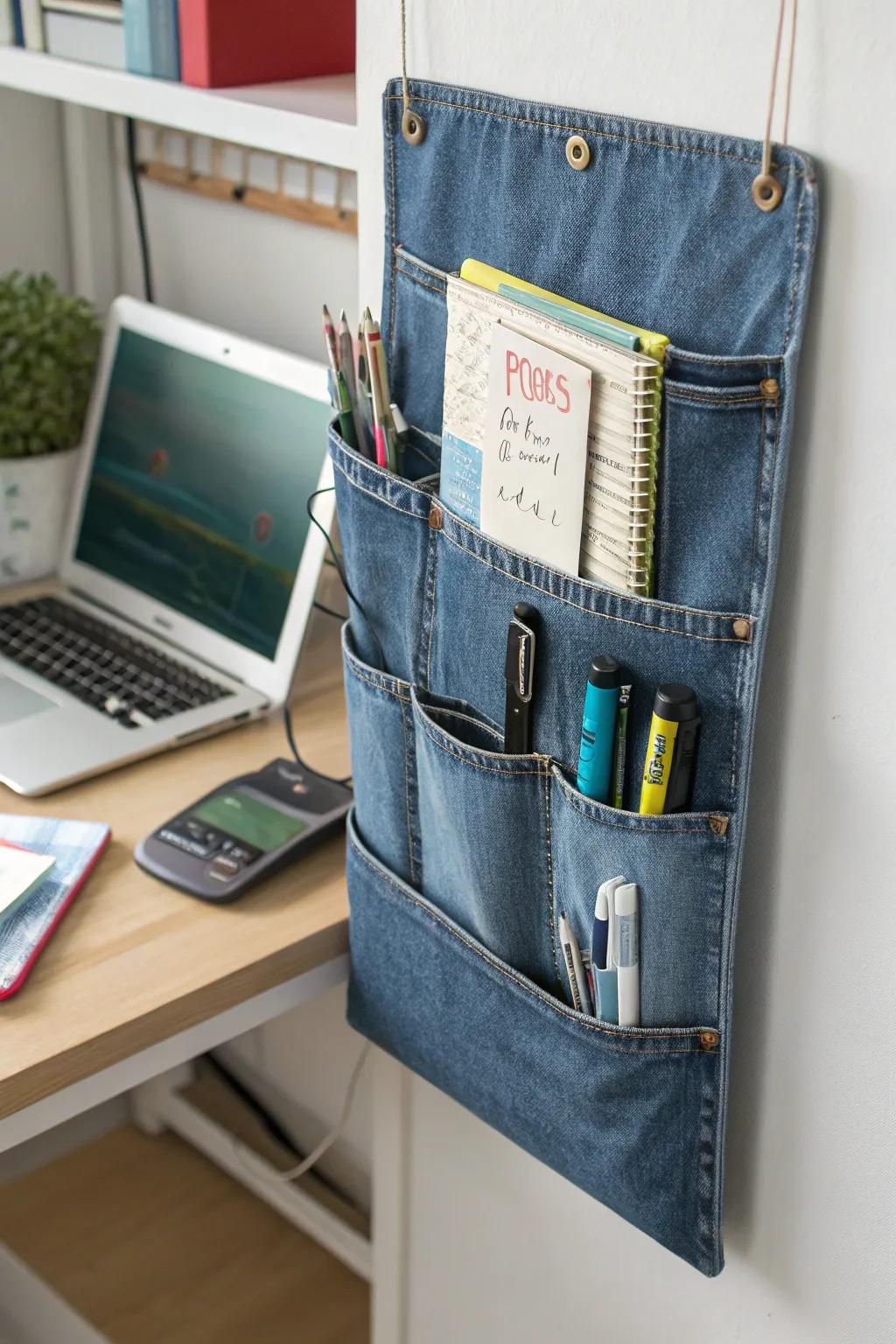 A denim organizer keeping the workspace tidy.