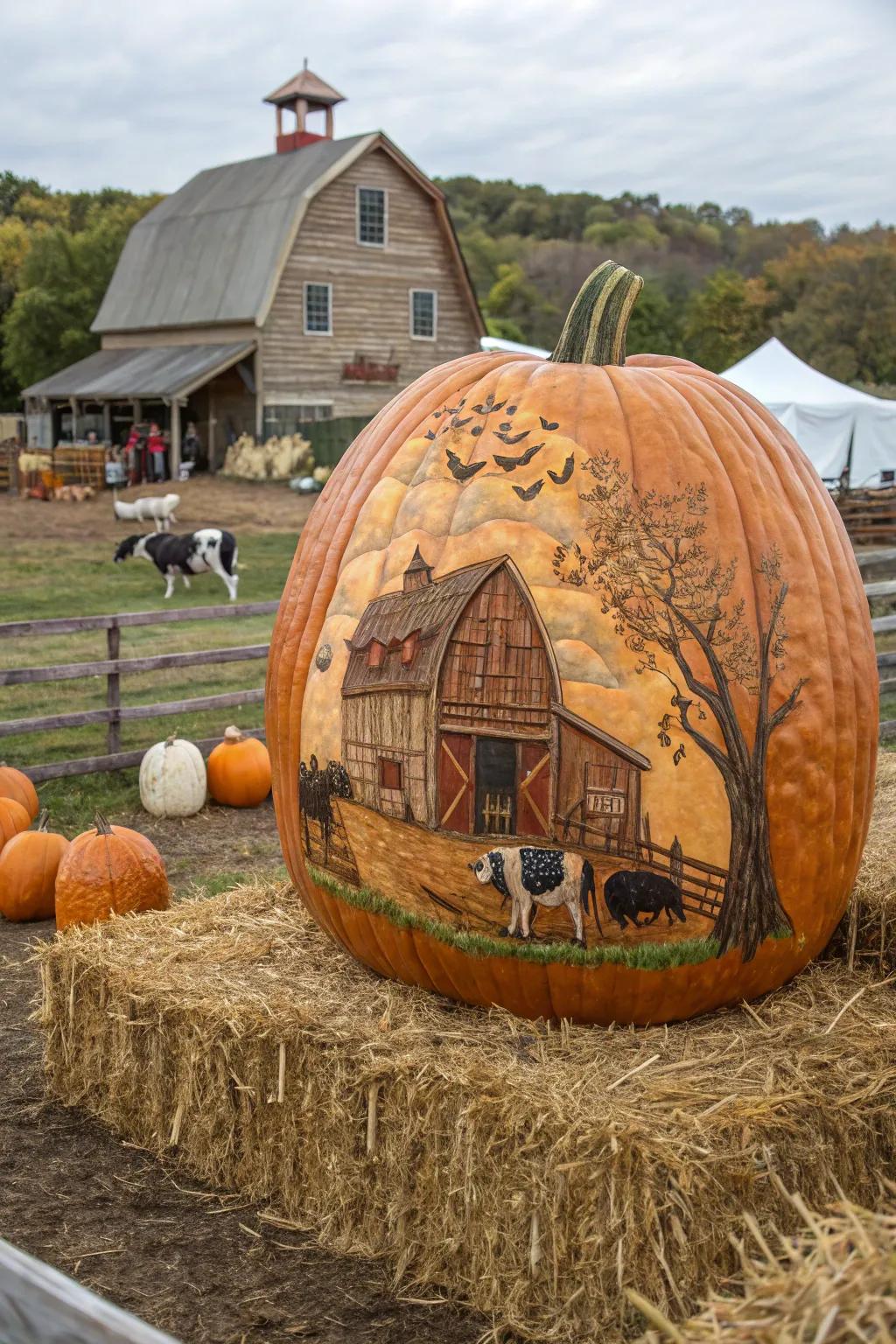 A rustic barn scene pumpkin, capturing the essence of country living.