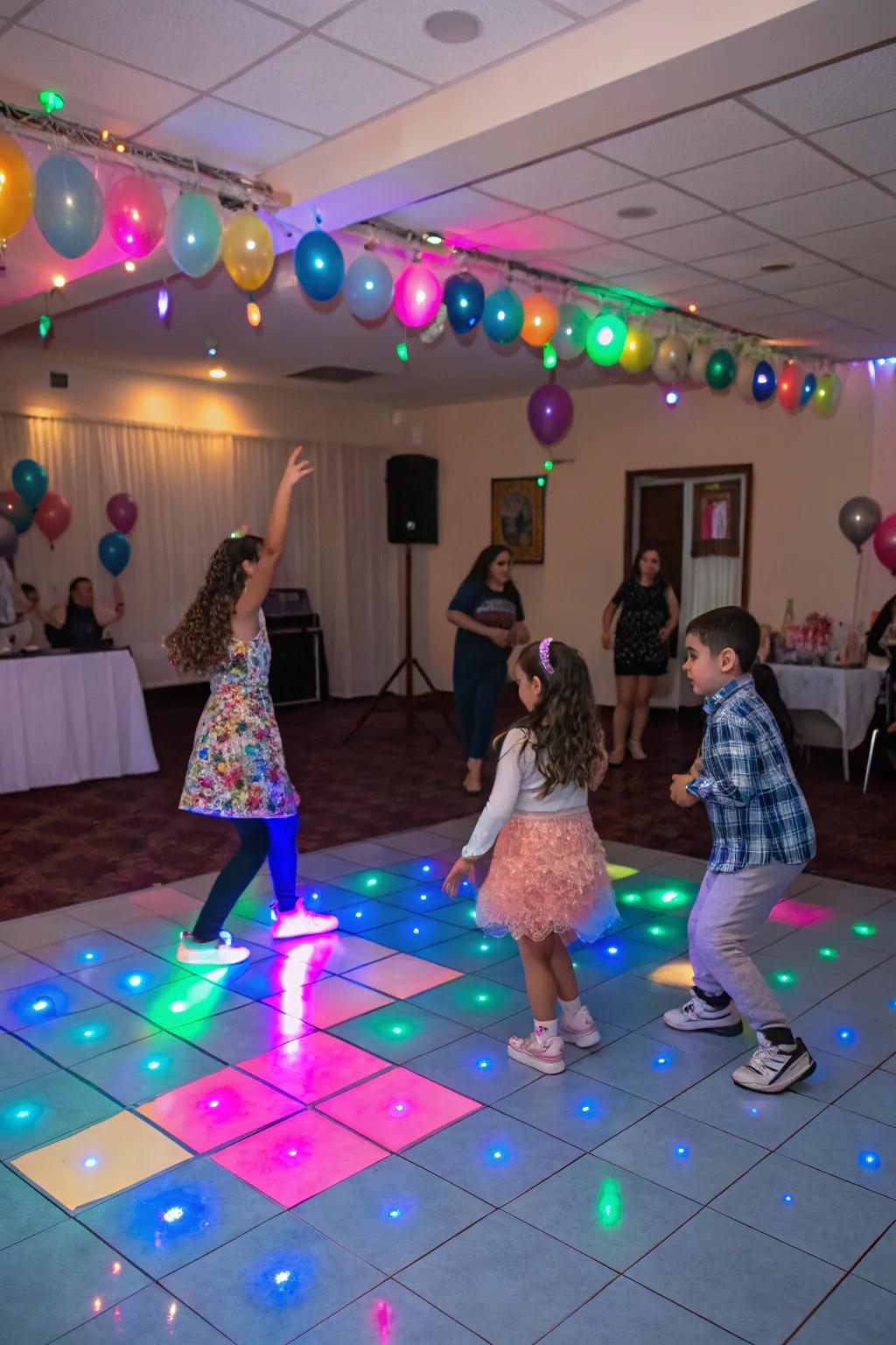 A dance party setup with a dance floor and disco lights.