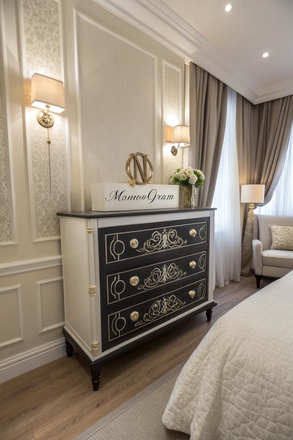 A monogram adds a touch of elegance to a sophisticated bedroom dresser.