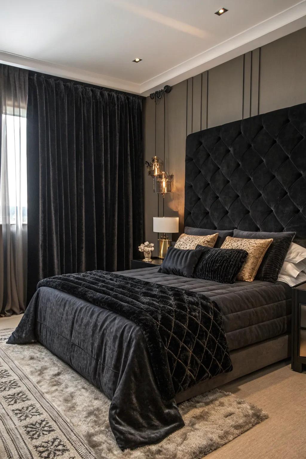 A cozy bedroom featuring layered black textiles.