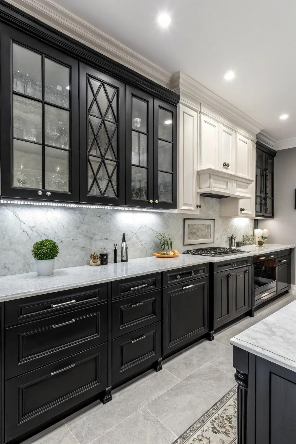 A sophisticated monochrome kitchen design with black cabinetry.