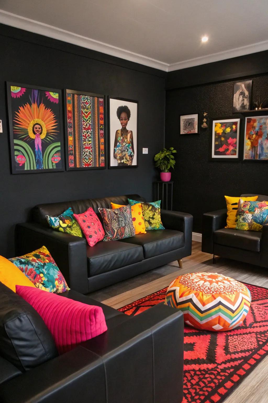 An eclectic black living room with colorful accents that pop.