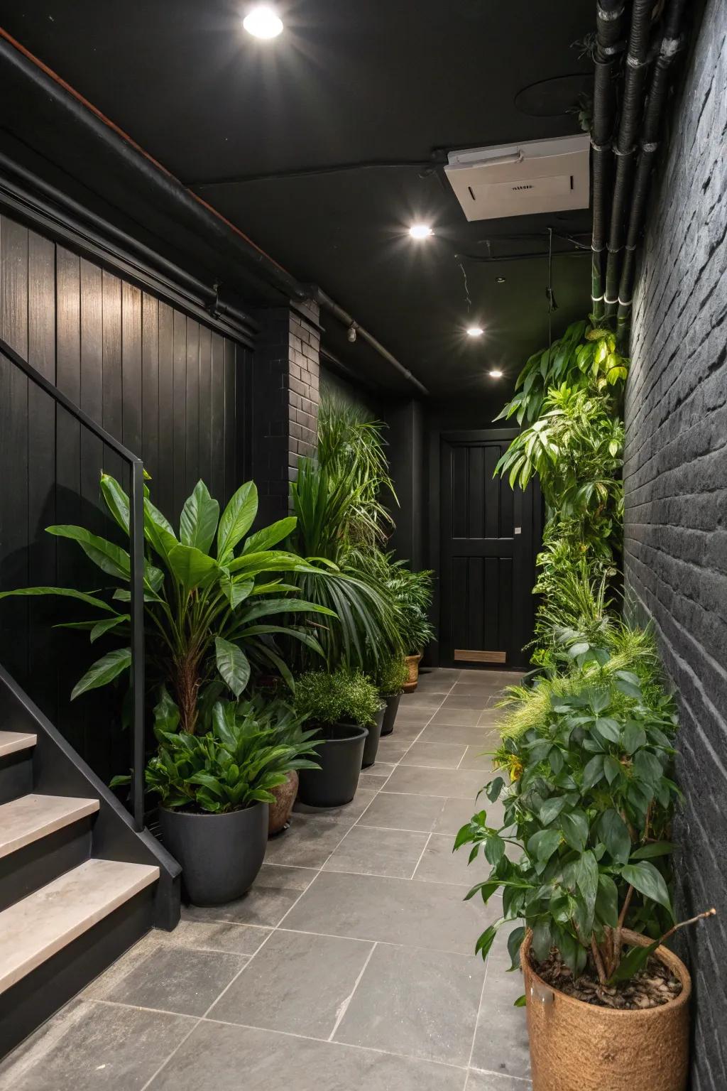 A green oasis that brings life to a black-walled basement.