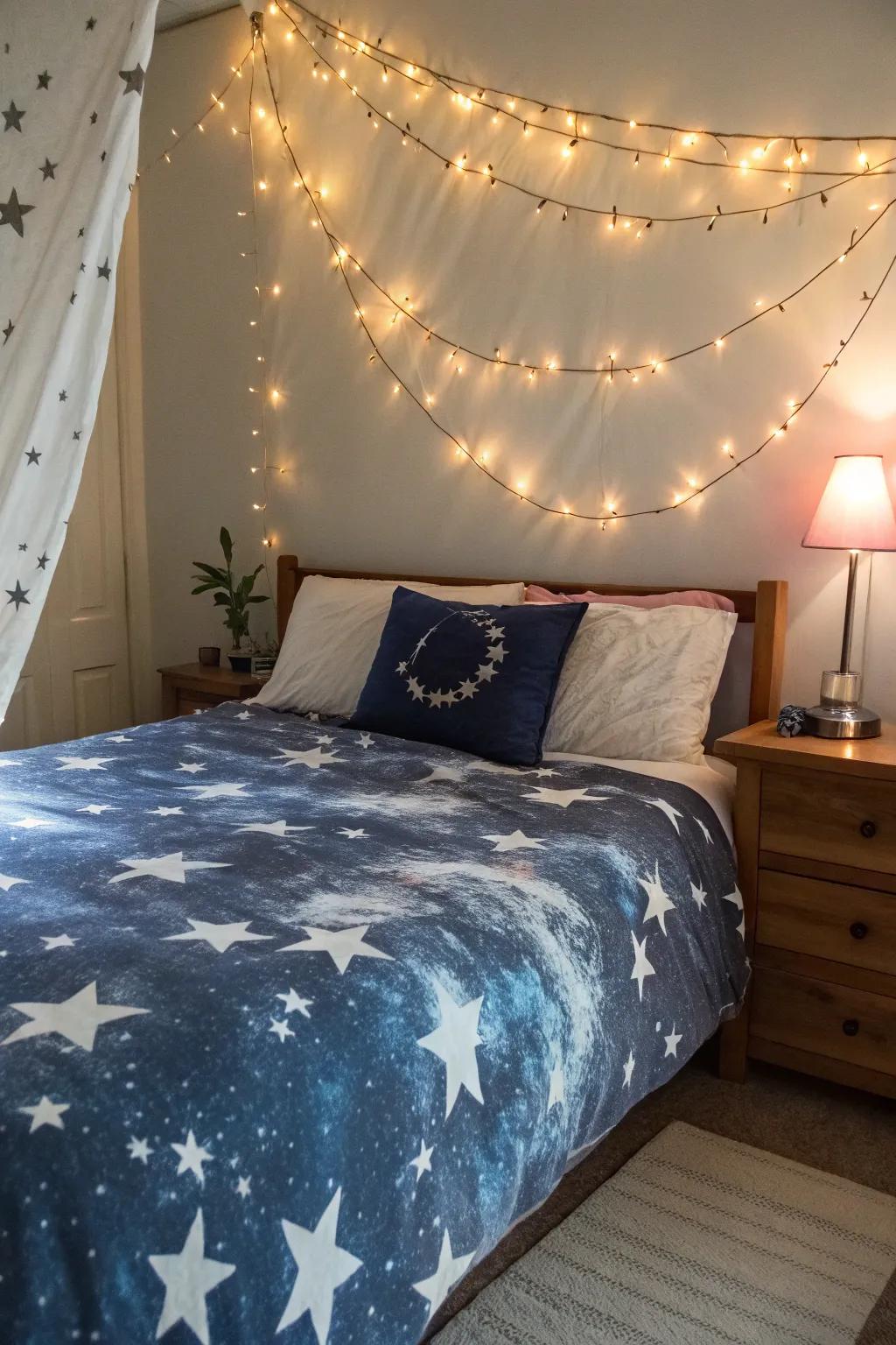 Starry night patterns create a dreamy atmosphere in bedrooms.