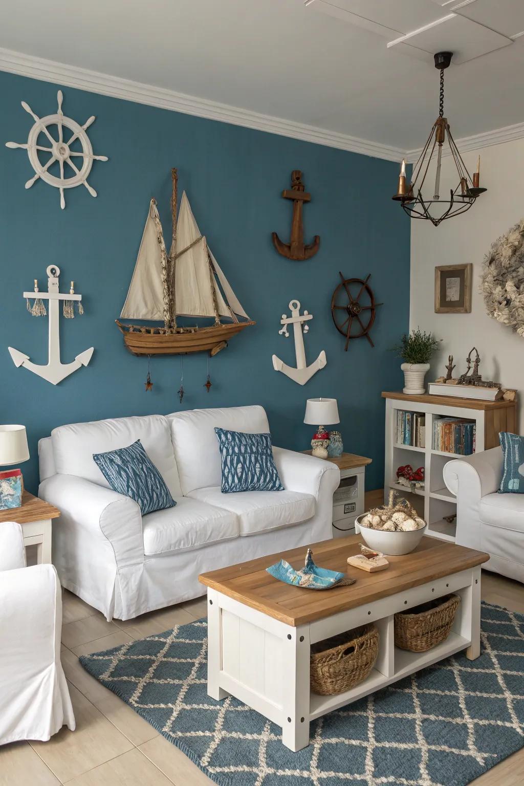 A nautical-themed living room with a blue accent wall and maritime elements.