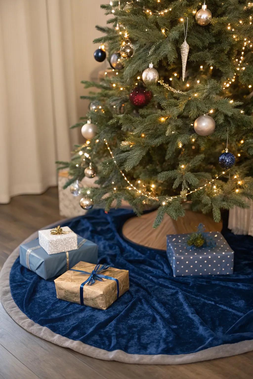 A blue Christmas tree skirt adds elegance and completes your festive look.