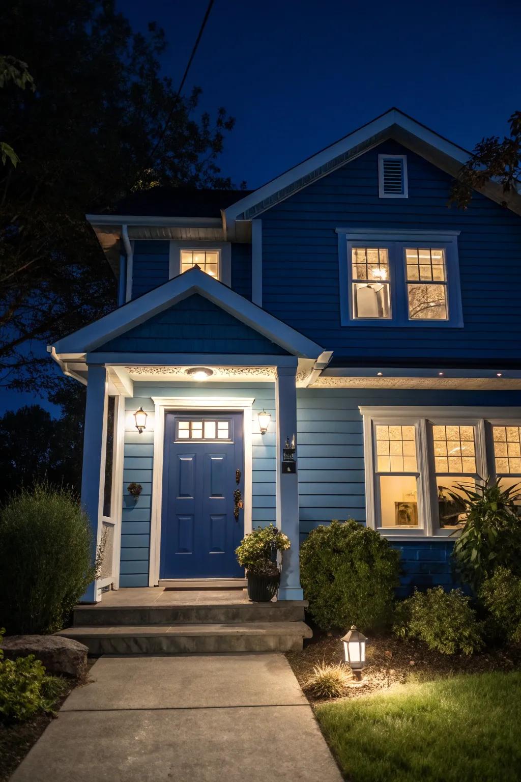 Midnight blue doors offer a calming, cohesive feel.