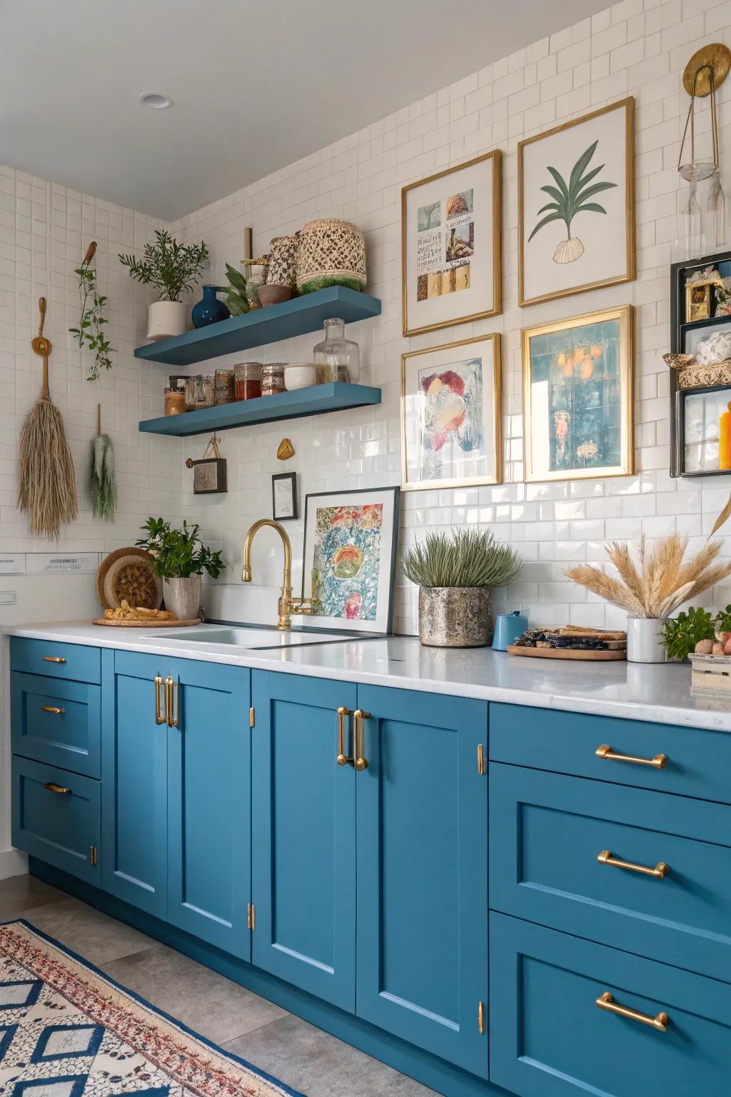 Artistic elements with blue cabinets and gold hardware add a creative flair to the kitchen.