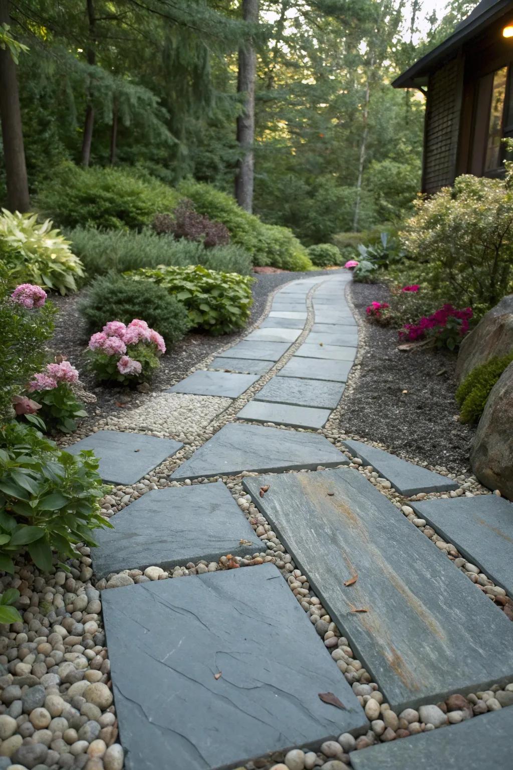 Permeable gaps in bluestone paths support an eco-friendly landscape design.