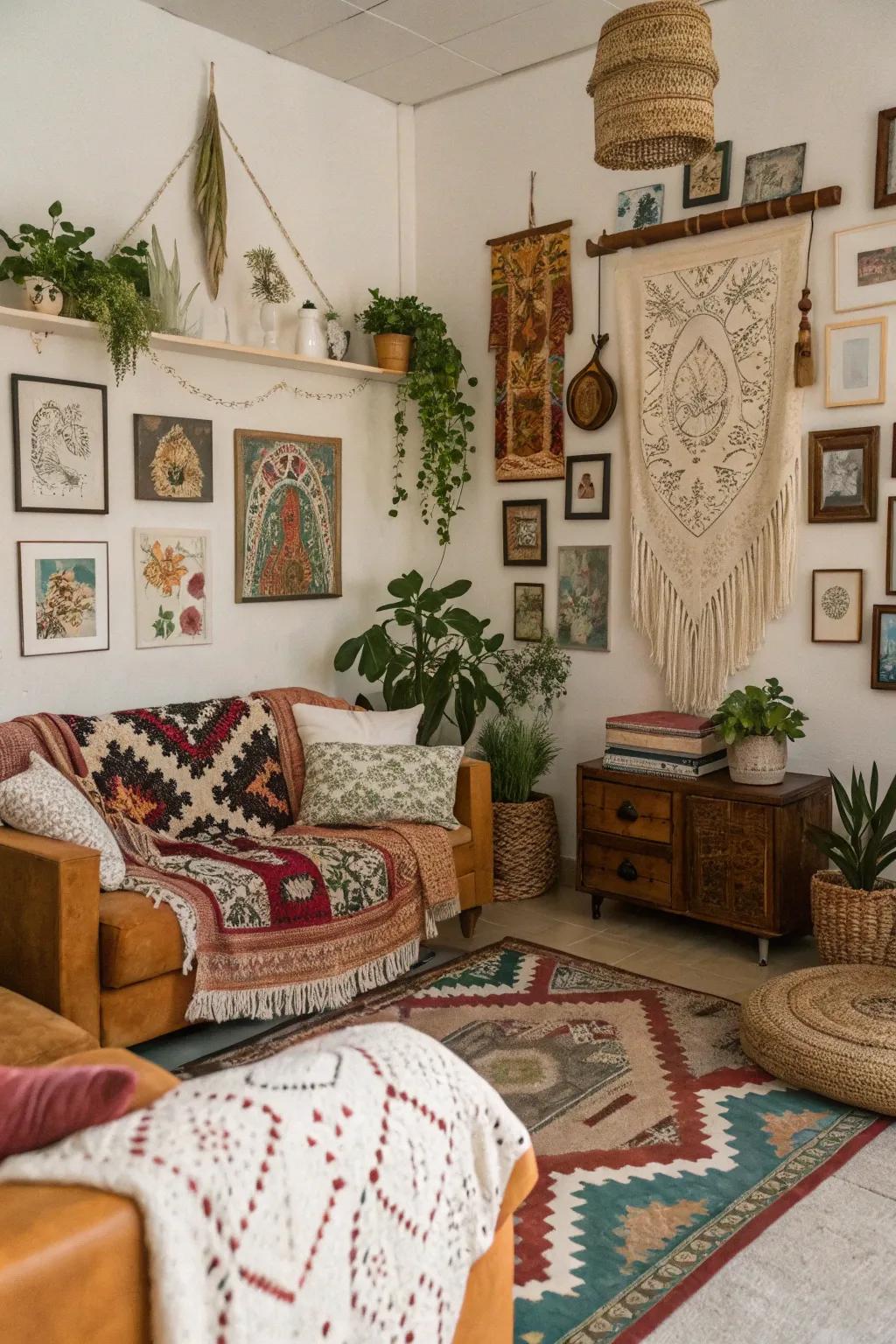 Eclectic art pieces add personality and whimsy to boho interiors.