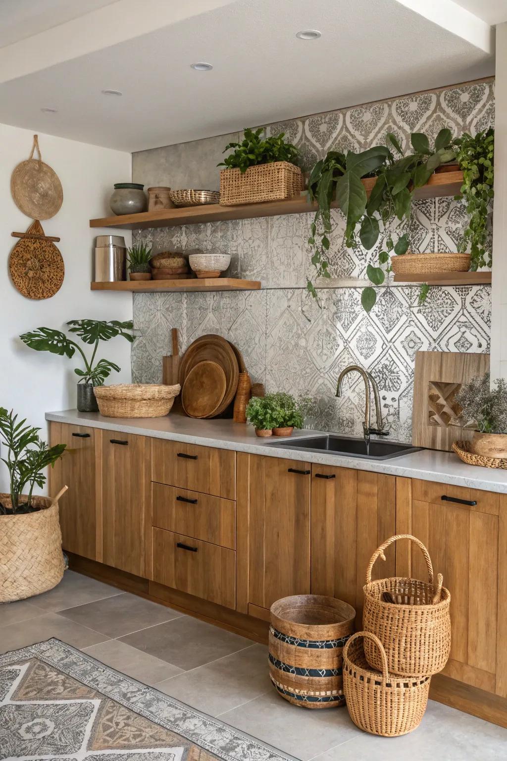 Metallic accents add a touch of glamour to this boho kitchen.