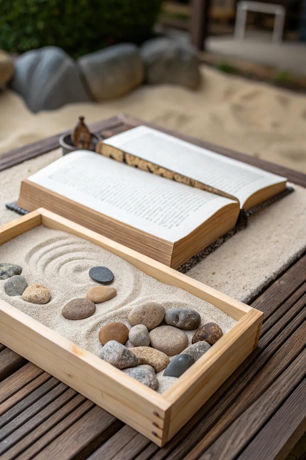 A zen garden book box creates a peaceful retreat.