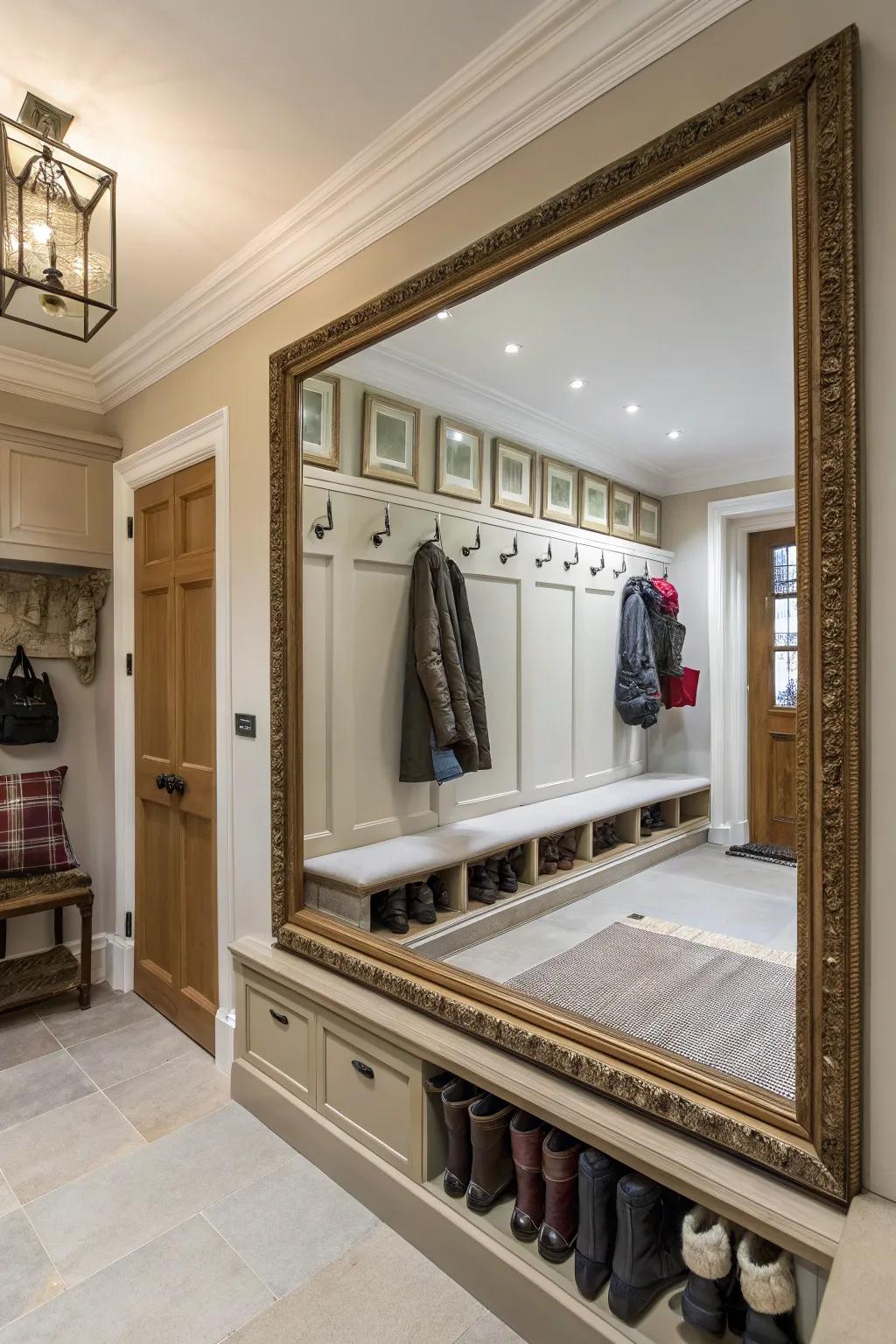 An artful mirror adds light and depth to the boot room.