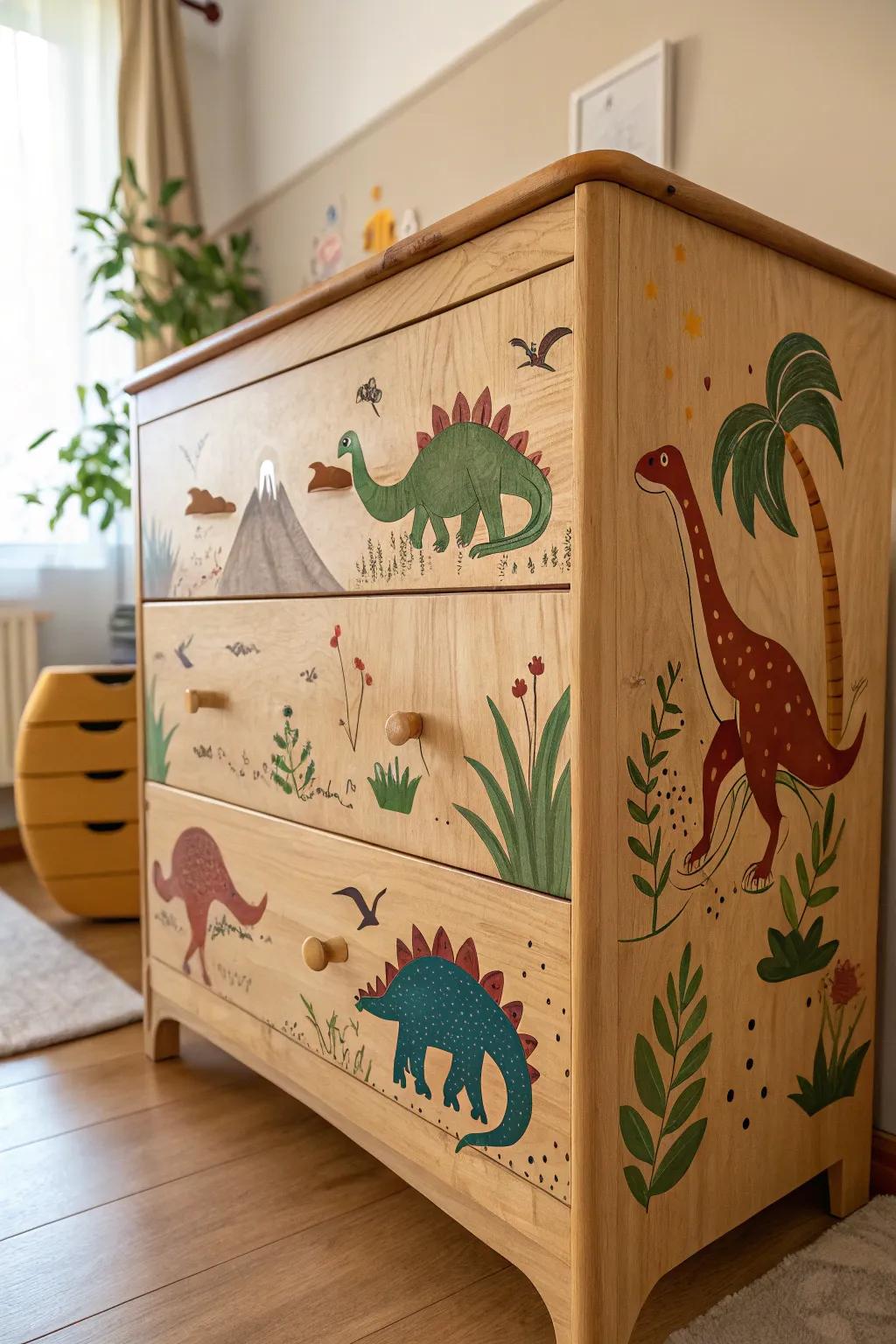 Bring the prehistoric adventure to your child's room with this handcrafted dinosaur-themed dresser!