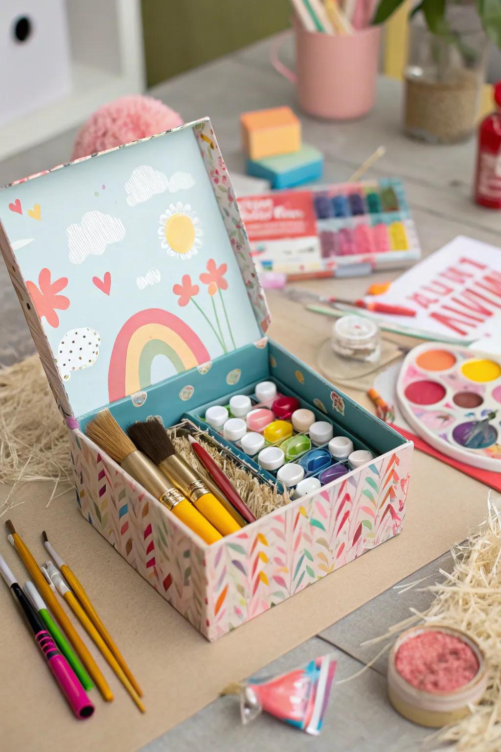 An explosion box with DIY craft supplies for two.