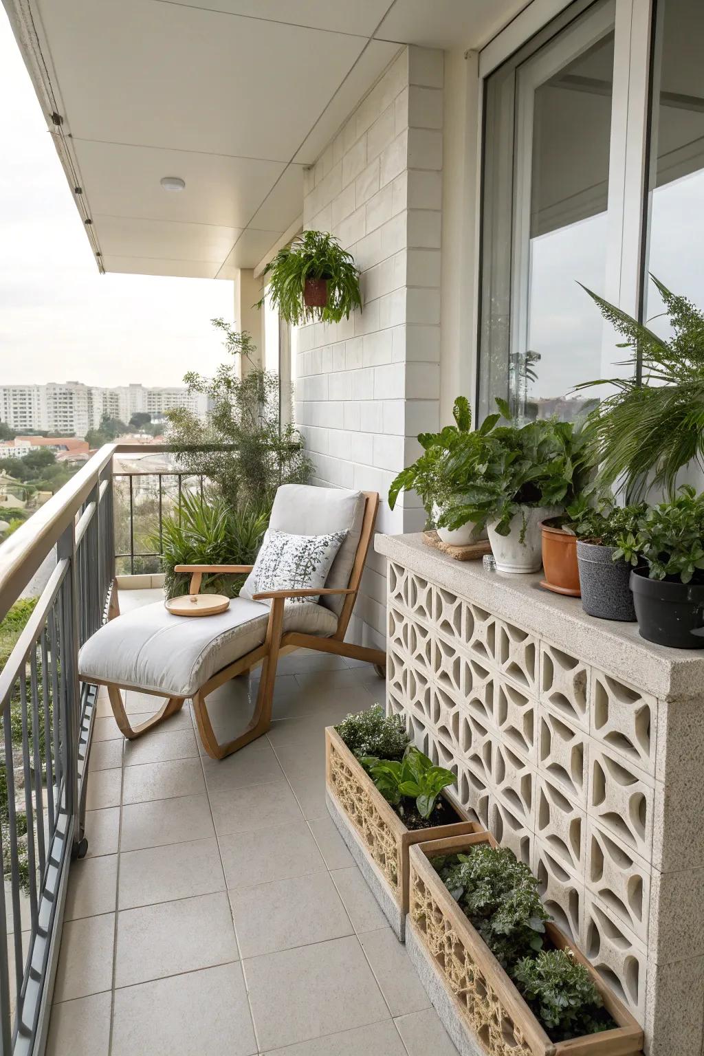 A chic balcony railing made from decorative breeze blocks.