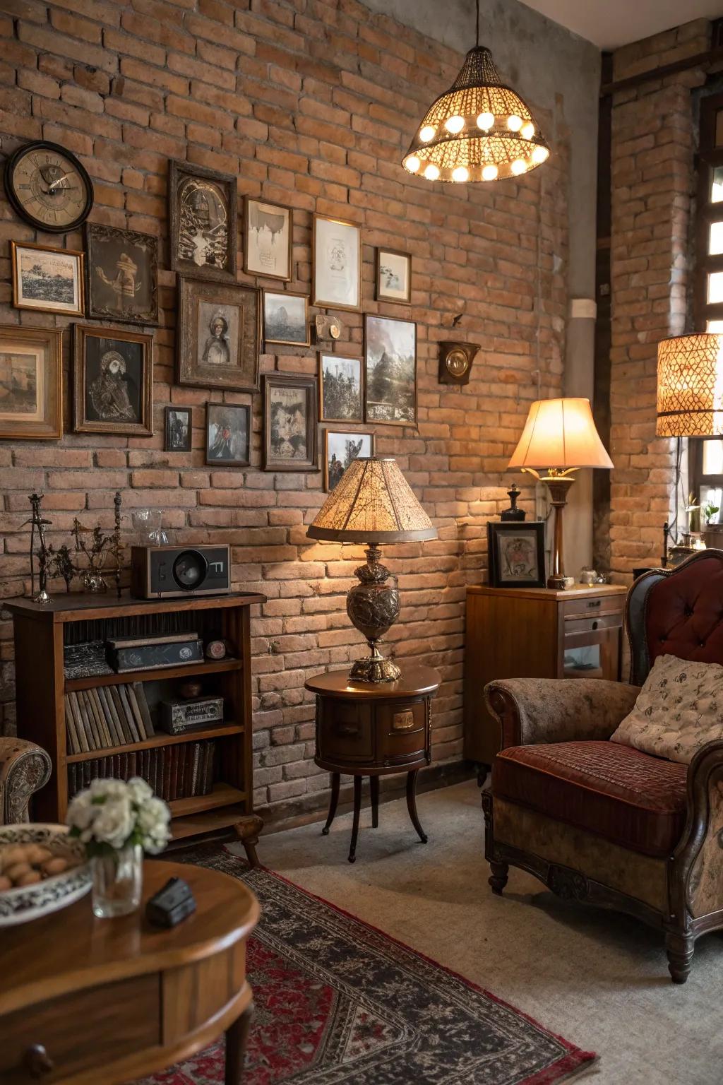 Vintage elements complement the brick wall's timeless charm.